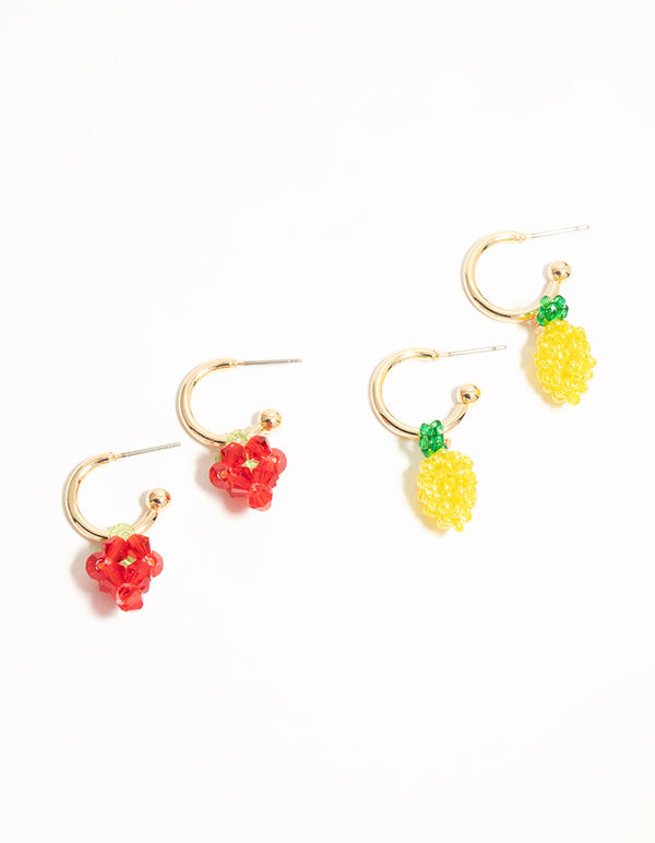 Gold Fruit Charm Hoop Earrings 2-Pack