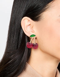 Red Double Cherry Drop Gold Earrings - link has visual effect only