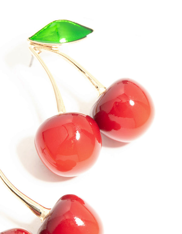 Red Double Cherry Drop Gold Earrings