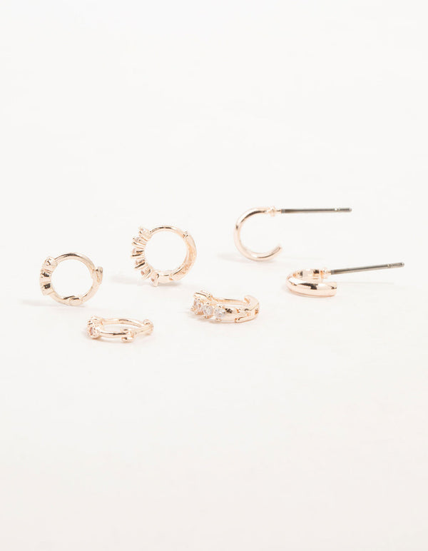 Rose Gold Mixed Diamante Huggie & Hoop Earrings 3-Pack