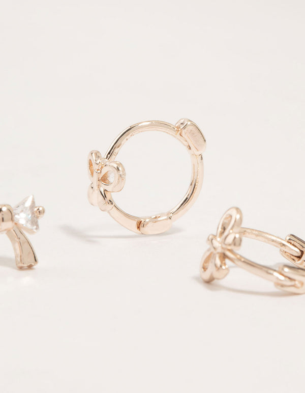 Rose Gold Cubic Zirconia Bow Stud & Hoop 3-Pack Earrings