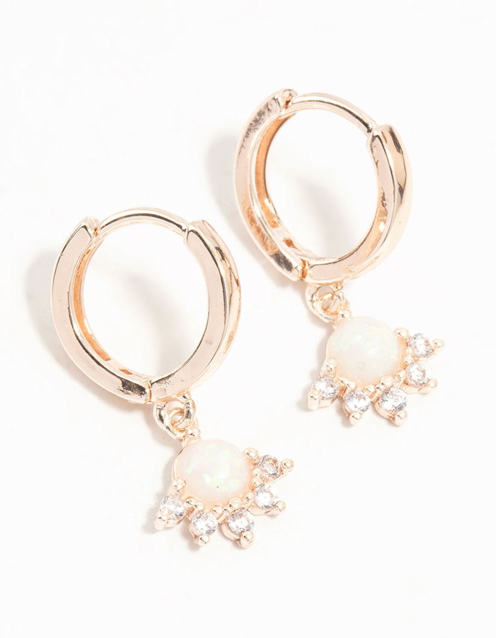 Rose Gold Cubic Zirconia and Opal Drop Huggie Earrings