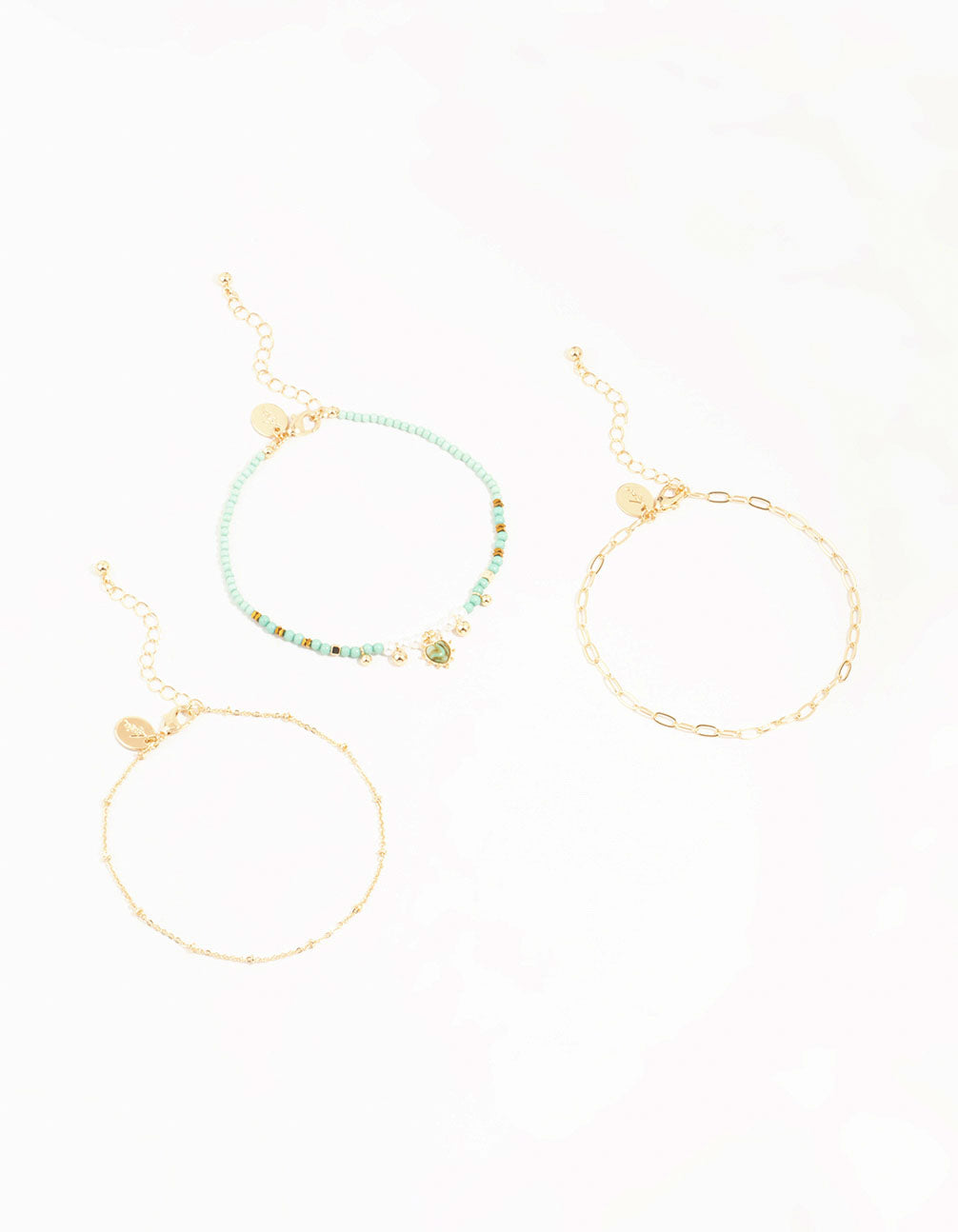 Gold Boho Heart & Mixed Chain Anklets 3-Pack