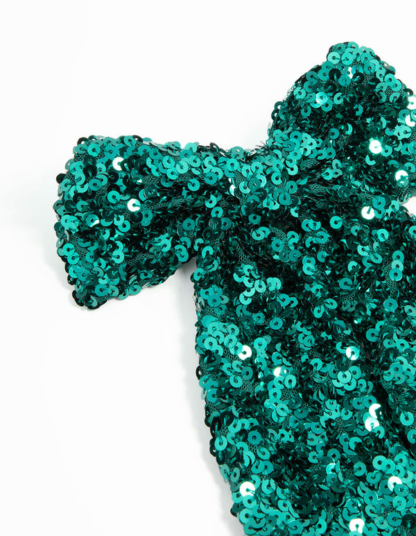 Green Sequin Fabric Long Bow Clip