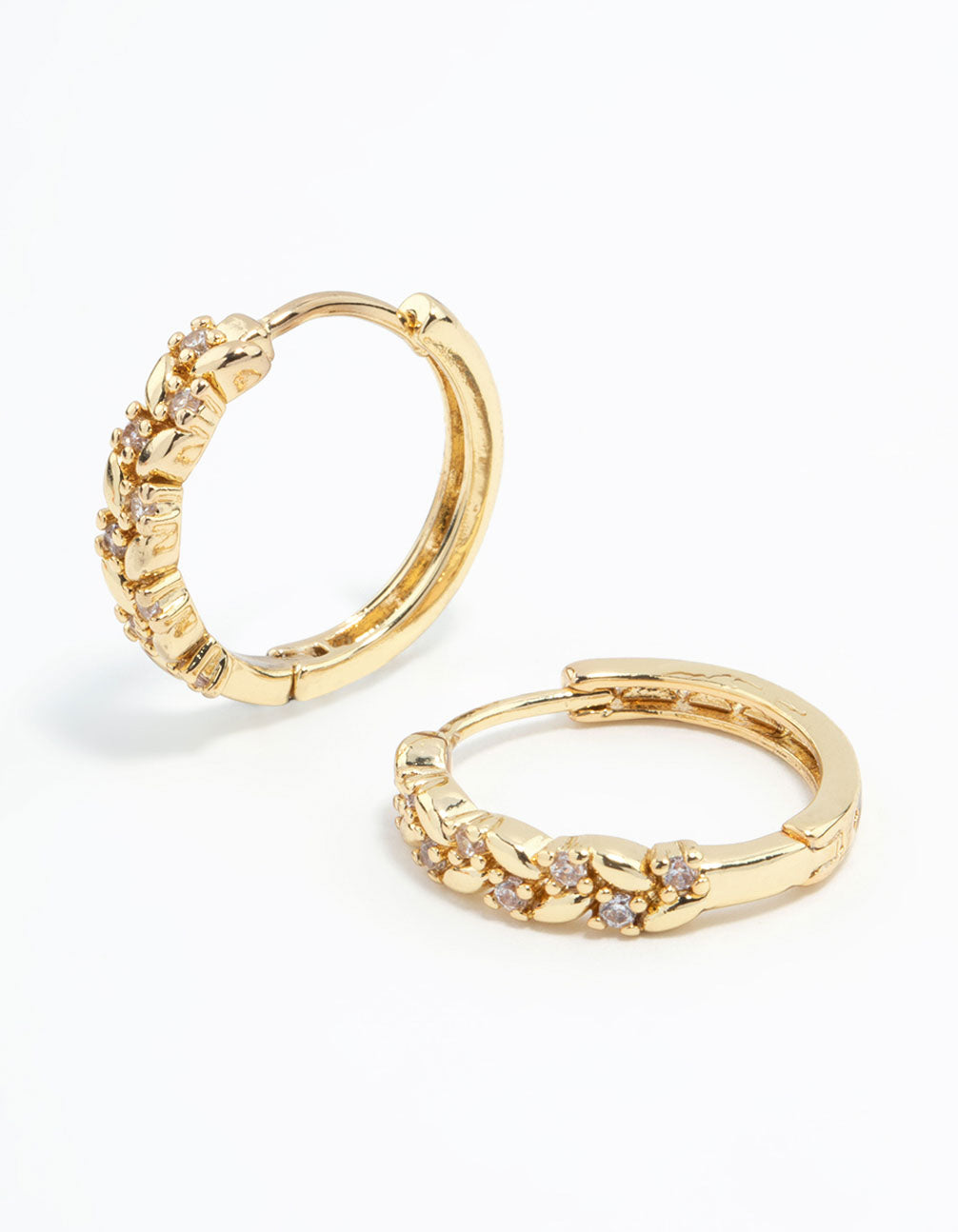 Gold Cubic Zirconia Leaf Huggie Earrings