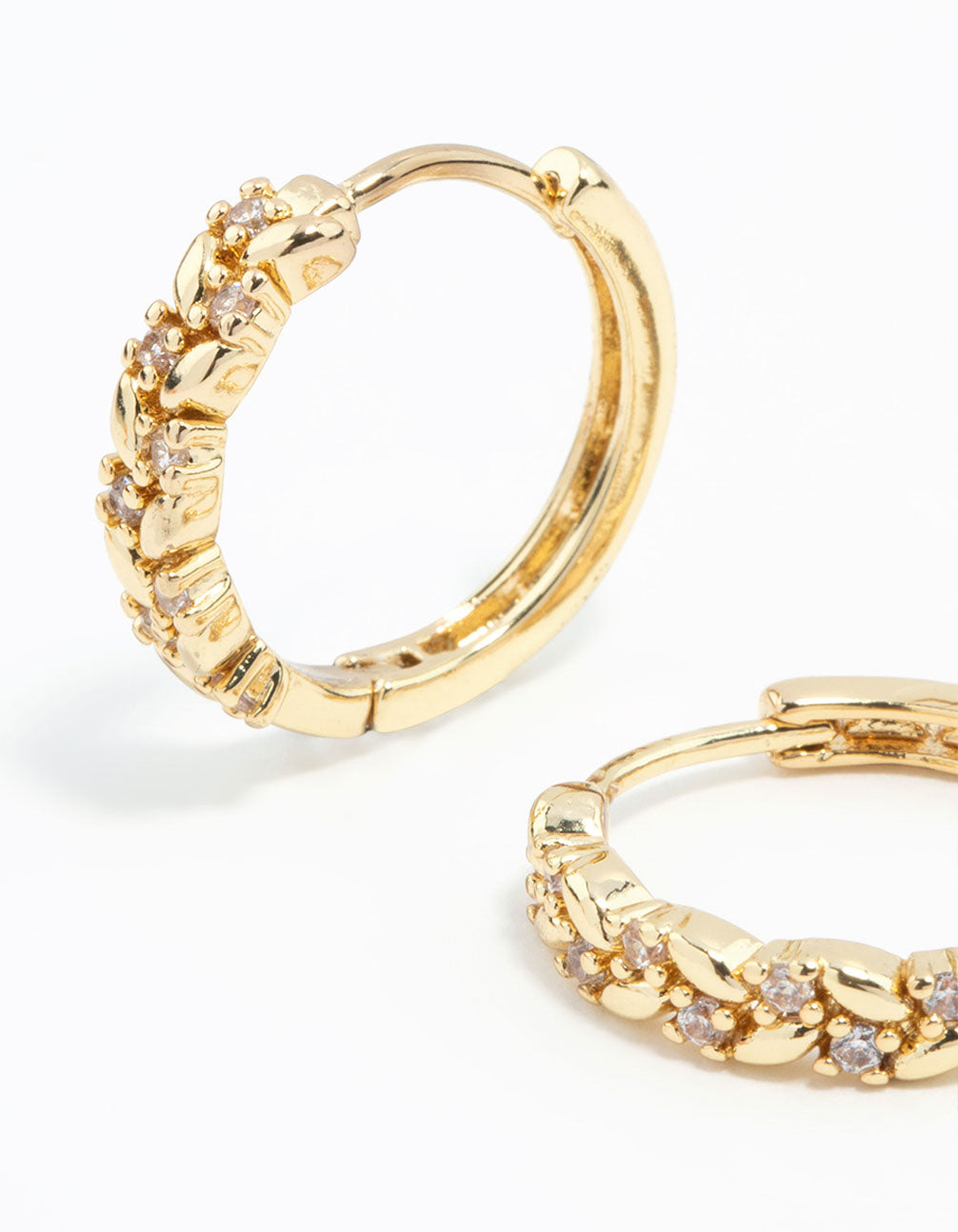 Gold Cubic Zirconia Leaf Huggie Earrings