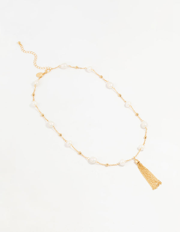 Gold Plated Pearl & Tassel Necklace