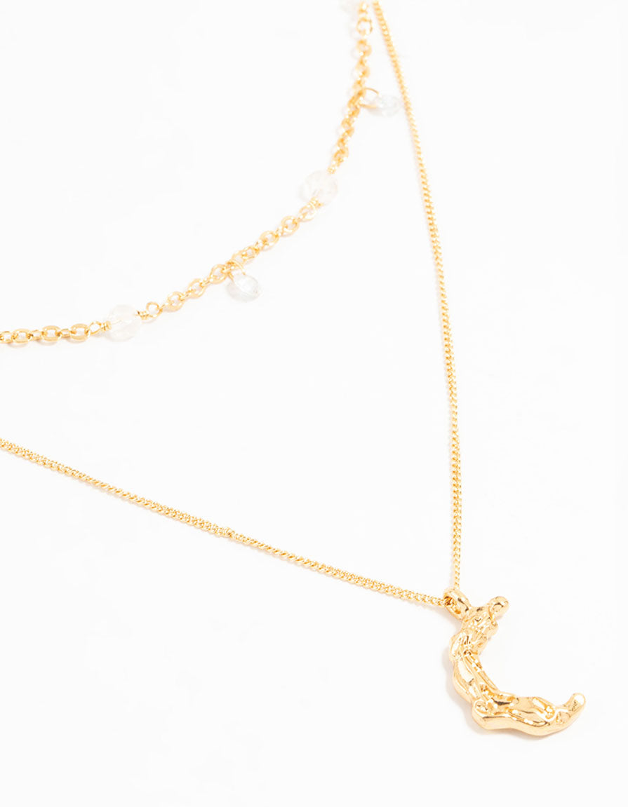Gold Plated Cubic Zirconia Textured Moon Layered Necklace