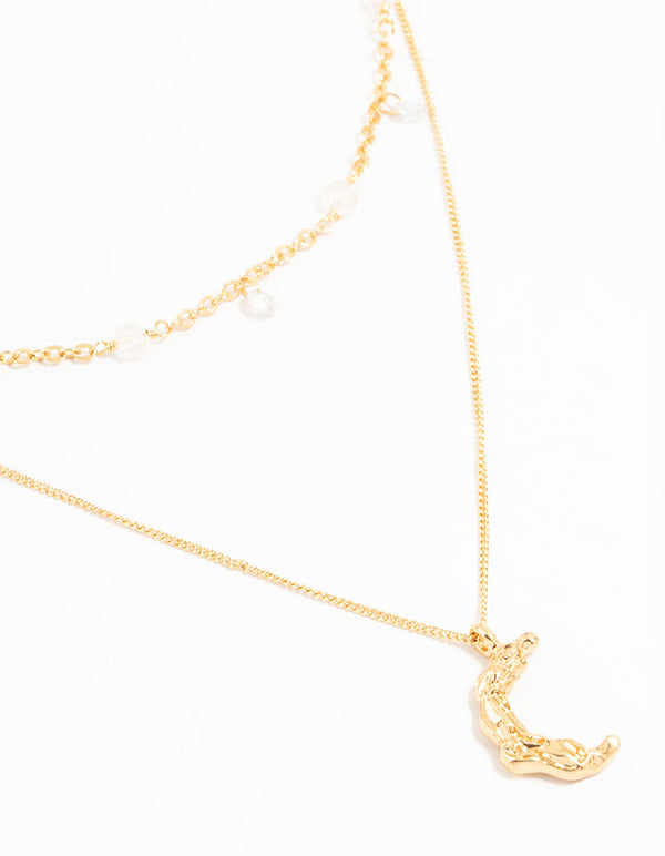 Gold Plated Cubic Zirconia Textured Moon Layered Necklace