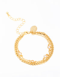 Gold Plated Cubic Zirconia Station & Chain Layered Bracelet - link has visual effect only