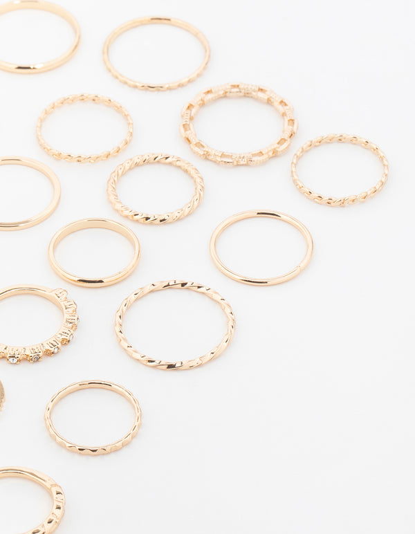 Gold Twisted & Diamante Rings 22-Pack