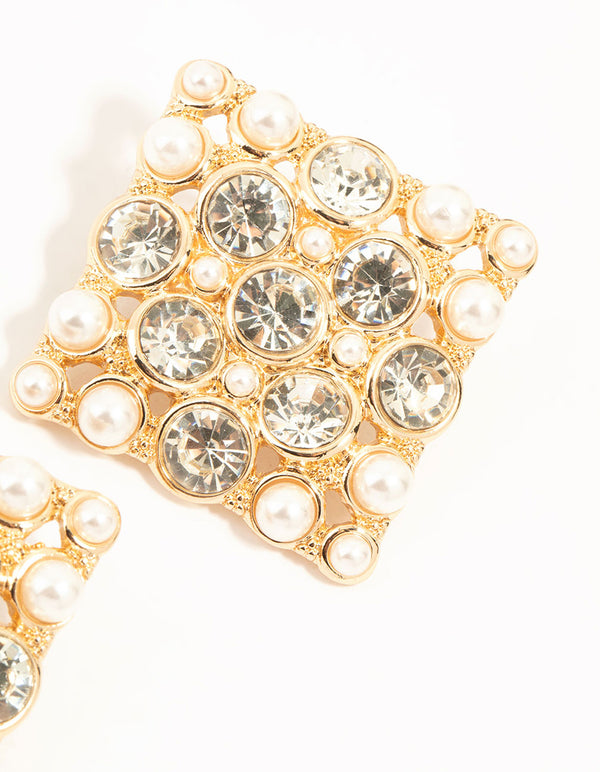 Gold Pearl & Diamante Square Stud Earrings