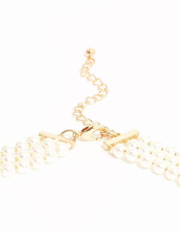 Gold Plated Pearl Triple Row Layered Necklace