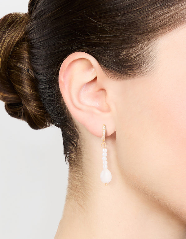 Gold Plated Pearl & Cubic Zirconia Huggie Drop Earrings