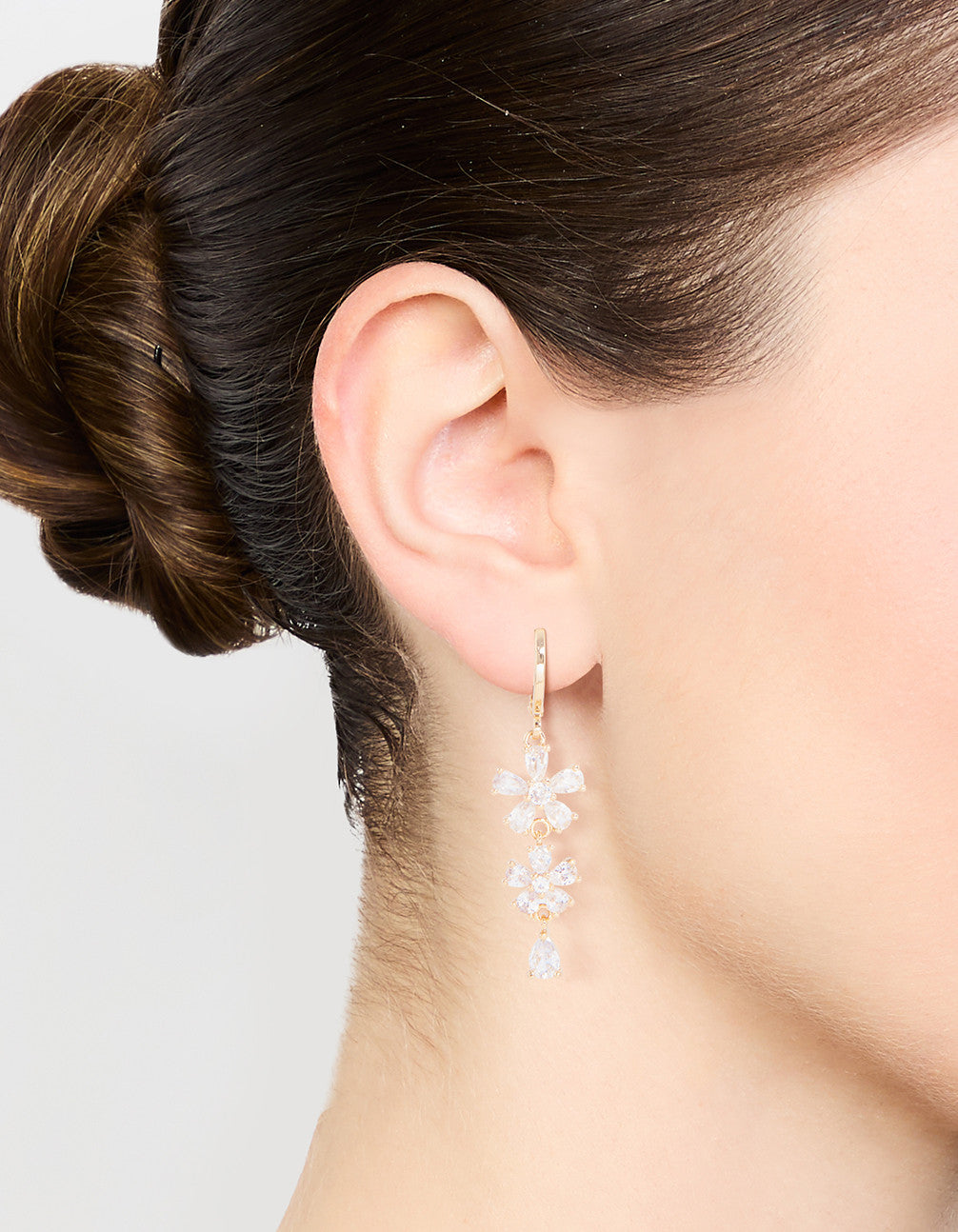 Gold Plated Cubic Zirconia Flower Drop Earrings