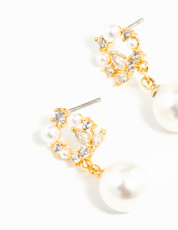 Gold Plated Cubic Zirconia Cluster & Freshwater Pearl Drop Earrings