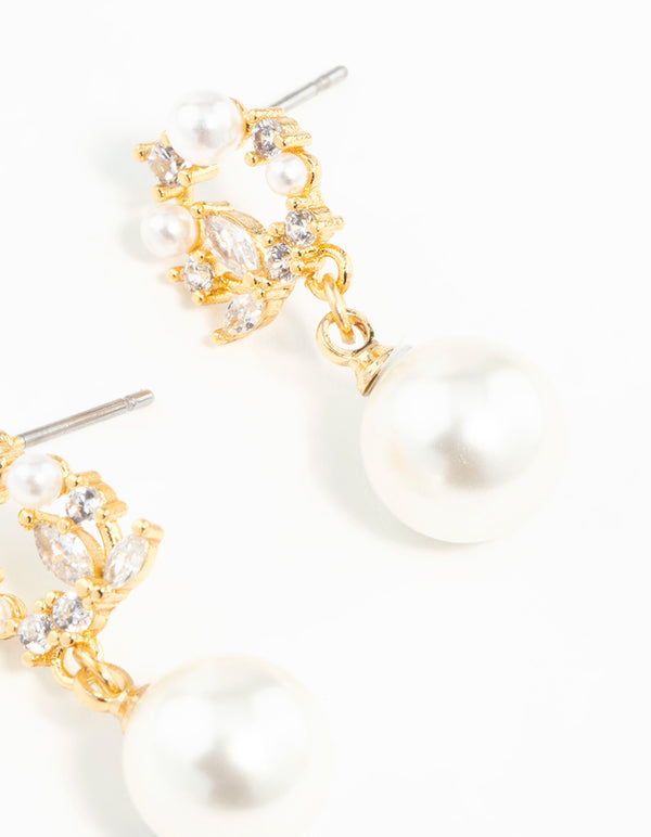 Gold Plated Cubic Zirconia Cluster & Freshwater Pearl Drop Earrings
