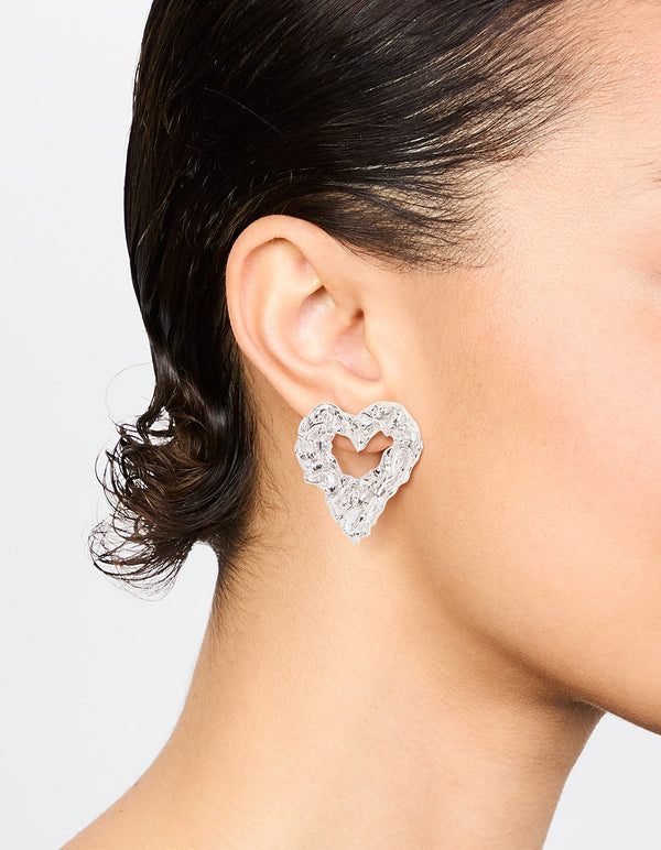 Silver Molten Open Heart Stud Earrings