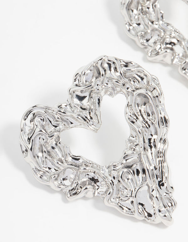 Silver Molten Open Heart Stud Earrings