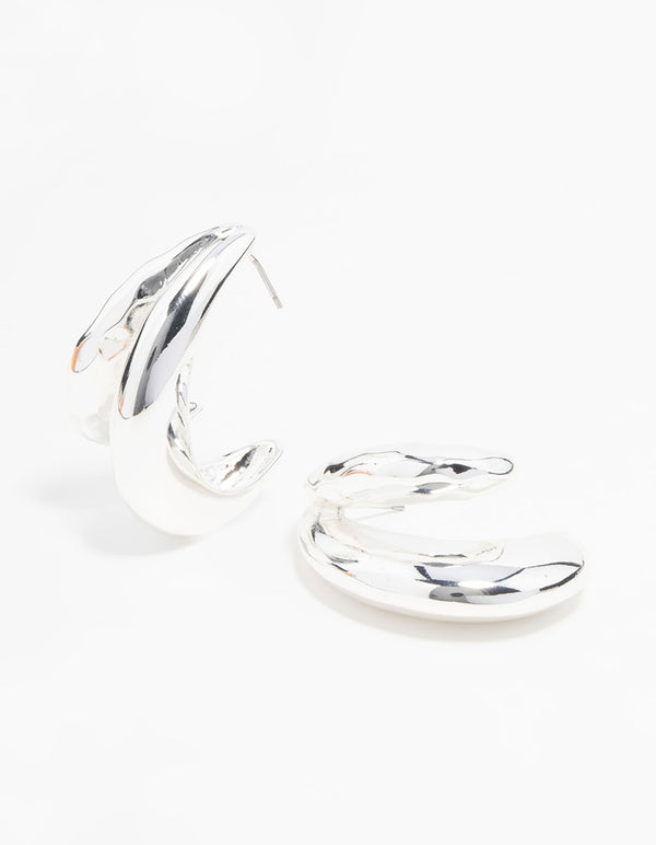 Silver Molten Double Row Hoop Earrings
