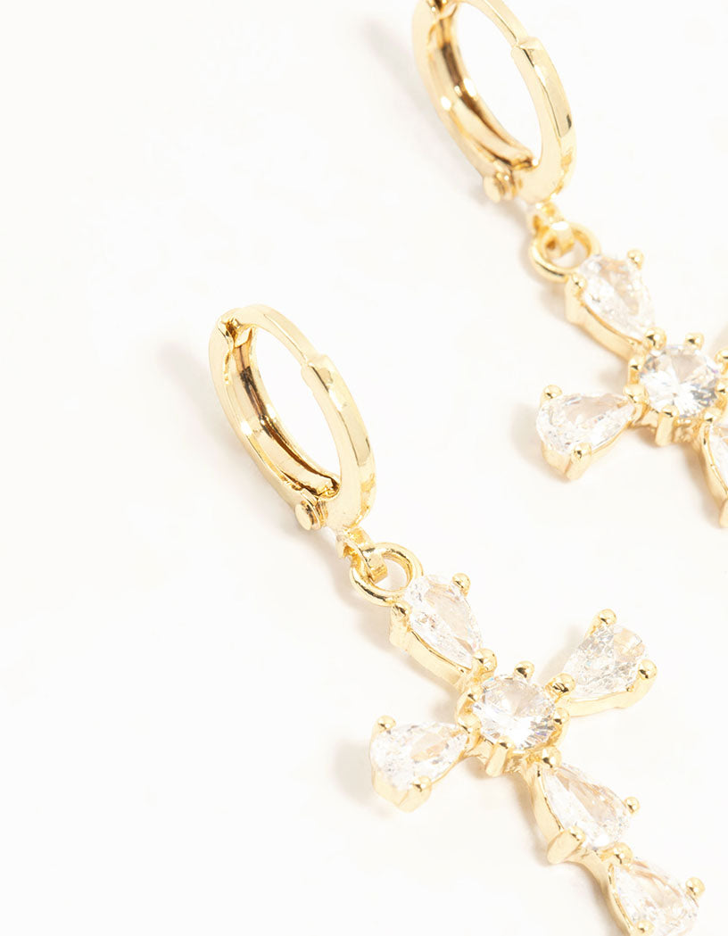 Gold Cubic Zirconia Cross Huggie Earrings