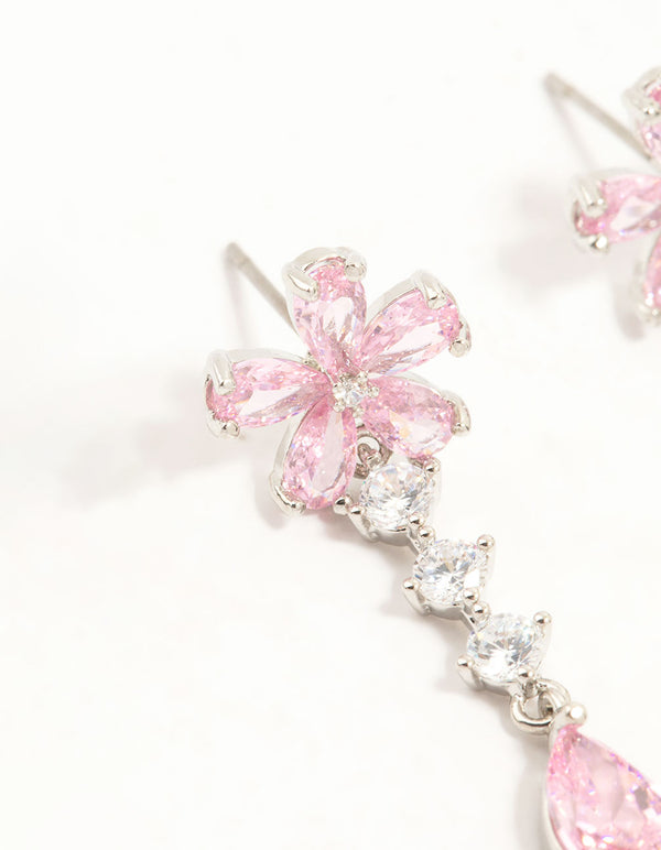 Silver Plated Pink Cubic Zirconia Flower Teardrop Stud Earrings