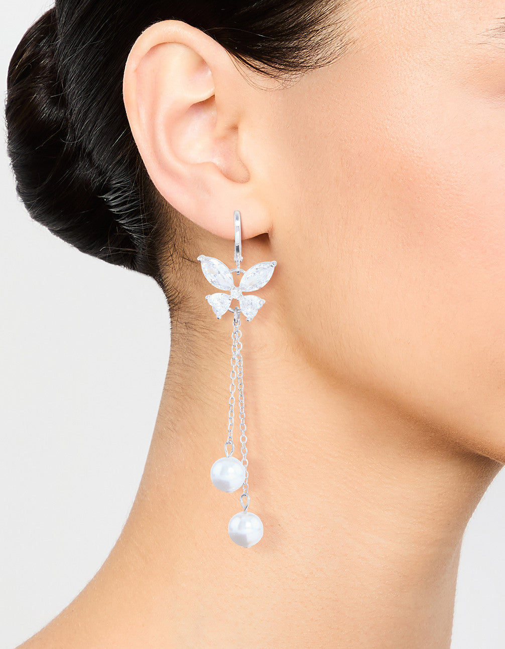 Silver Plated Cubic Zirconia, Pearl & Butterfly Huggie Earrings