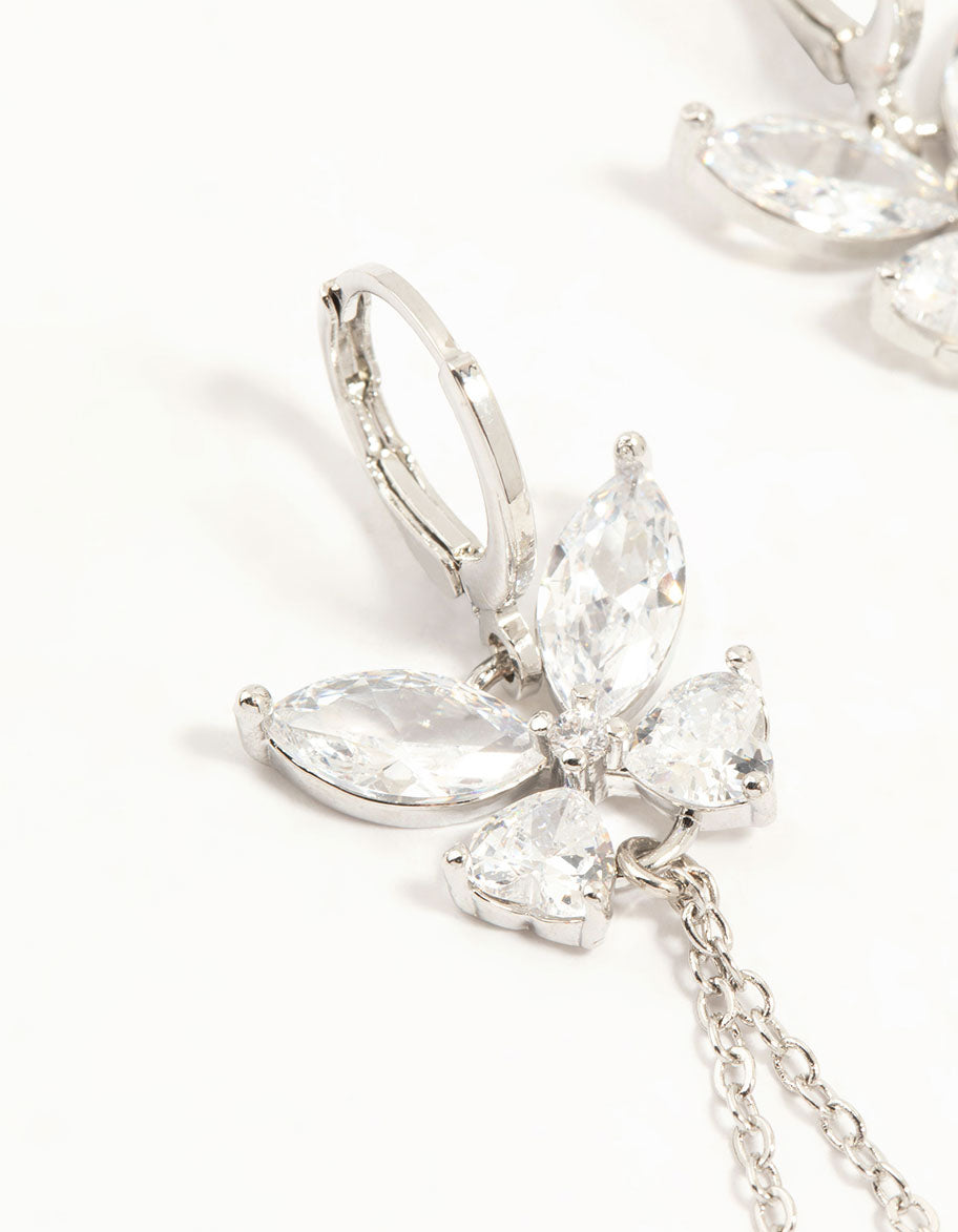 Silver Plated Cubic Zirconia, Pearl & Butterfly Huggie Earrings