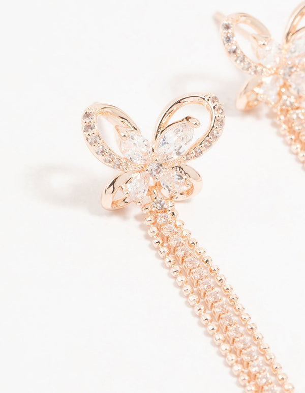 Rose Gold Cubic Zirconia Butterfly Drop Earrings