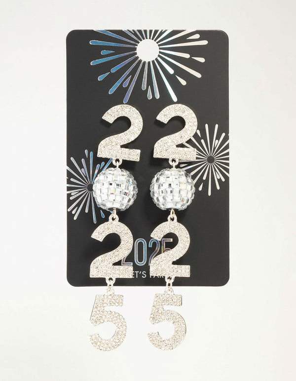 Silver 2025 Disco Ball & Diamante Drop Earrings