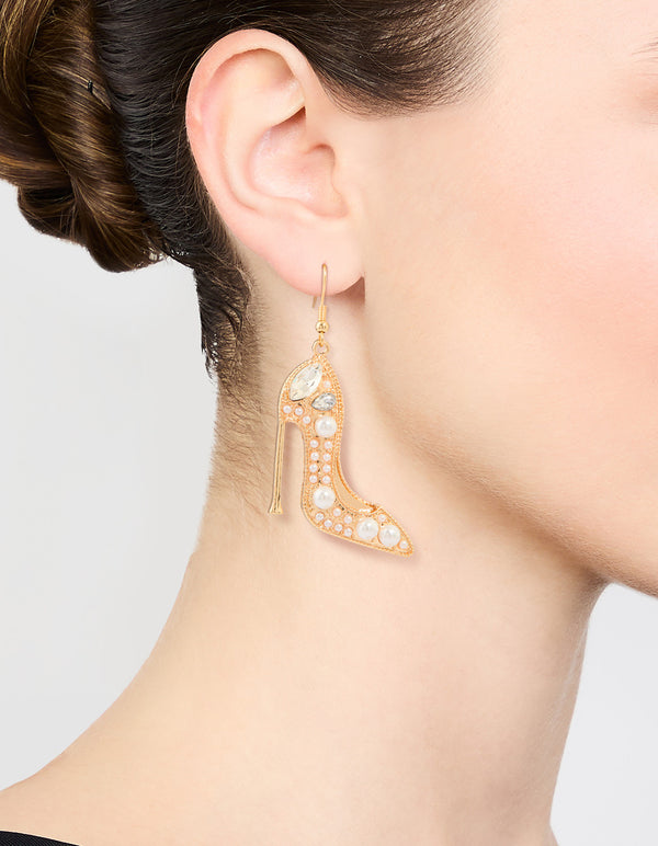 Gold Pearl Heels Drop Earrings