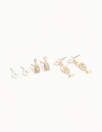 Rose Gold Pearl & Champagne Stud Earrings 3-Pack - link has visual effect only