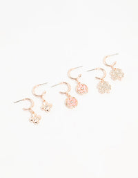 Rose Gold Flower & Clover Hoop Earrings 3-Pack - link has visual effect only