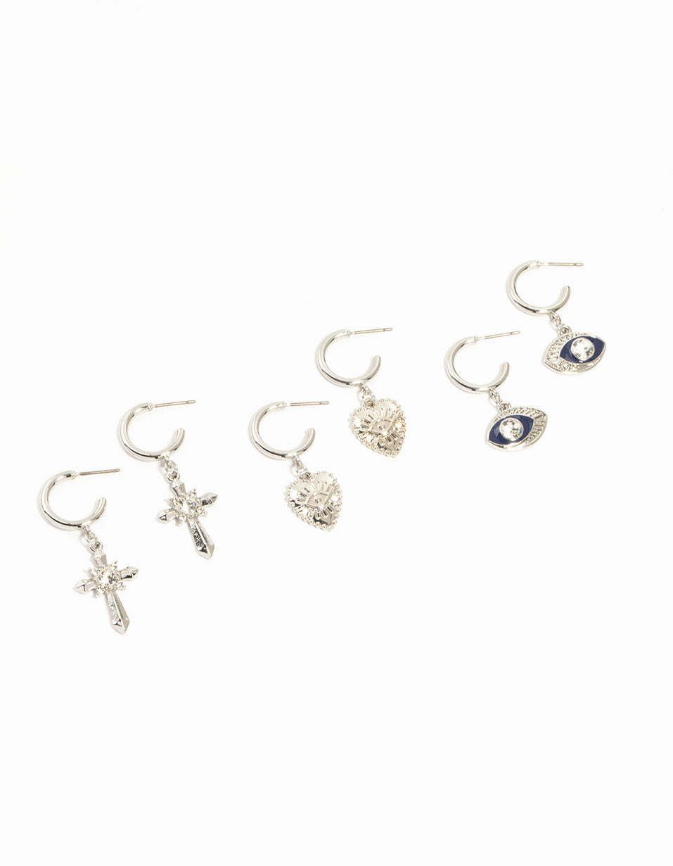 Silver Heart, Evil Eye & Cross Hoop Earrings 3-Pack