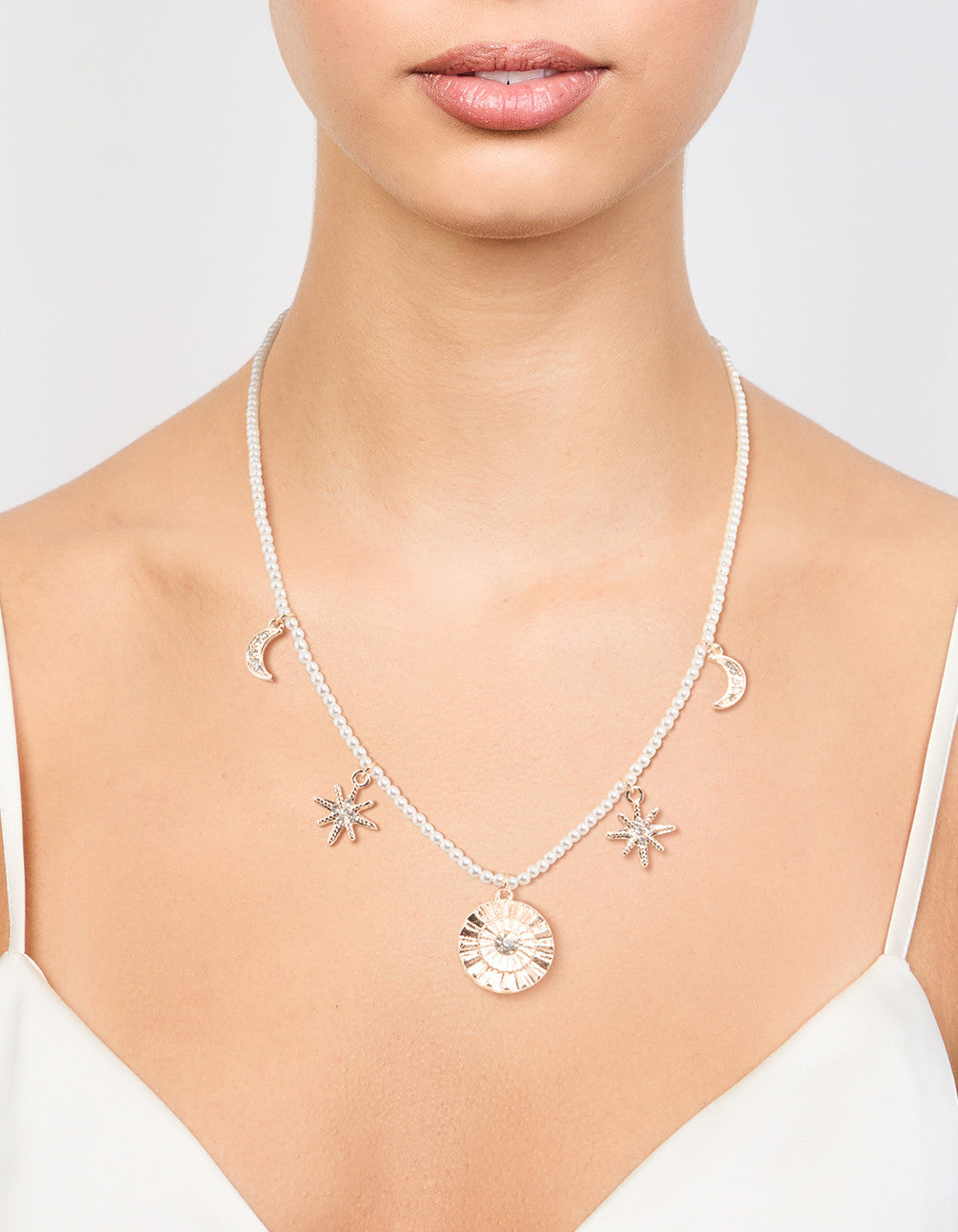 Rose Gold Acrylic Pearl Celestial Diamante Charm Necklace