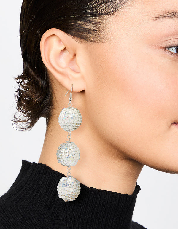 Silver Sequin Disco Ball Drop Earrings