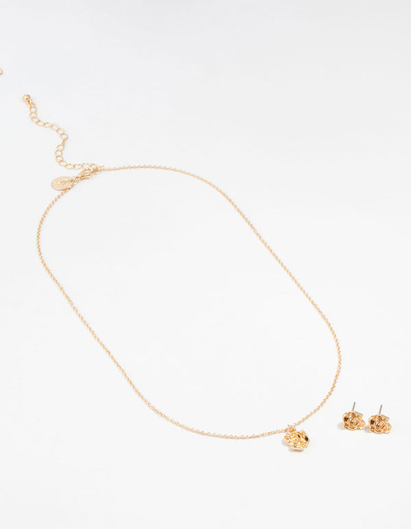 Gold Rosette Necklace and Stud Earrings Set
