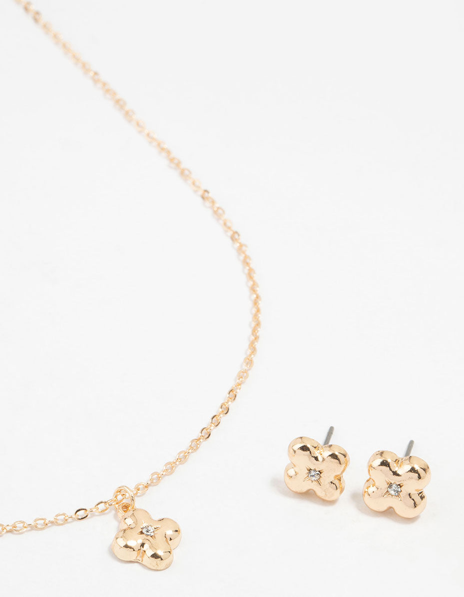 Gold Bubble Cross Necklace and Earrings Set
