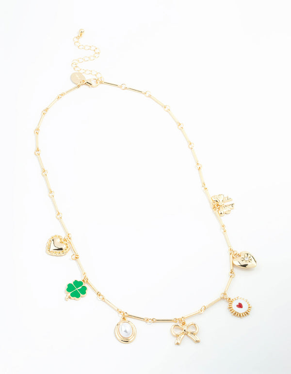 Gold Plated Heart & Bow Charm Necklace