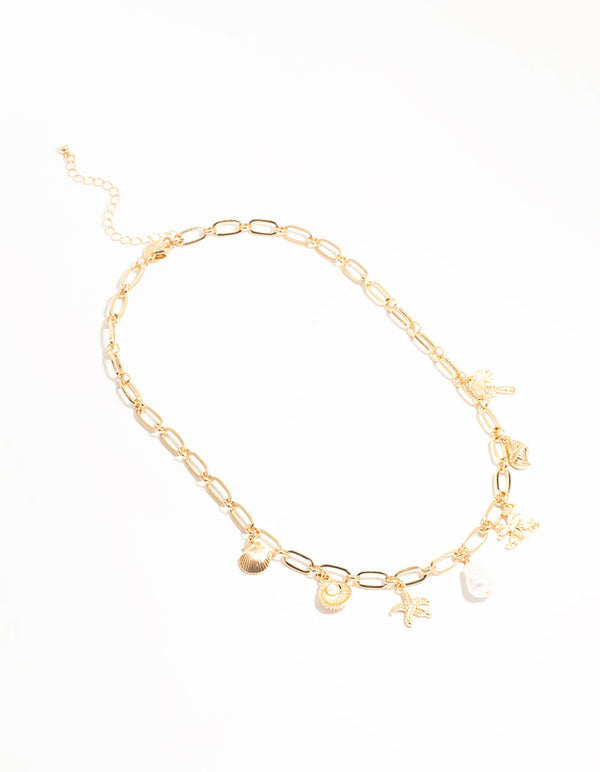 Gold Pearl & Seashell Charm Necklace