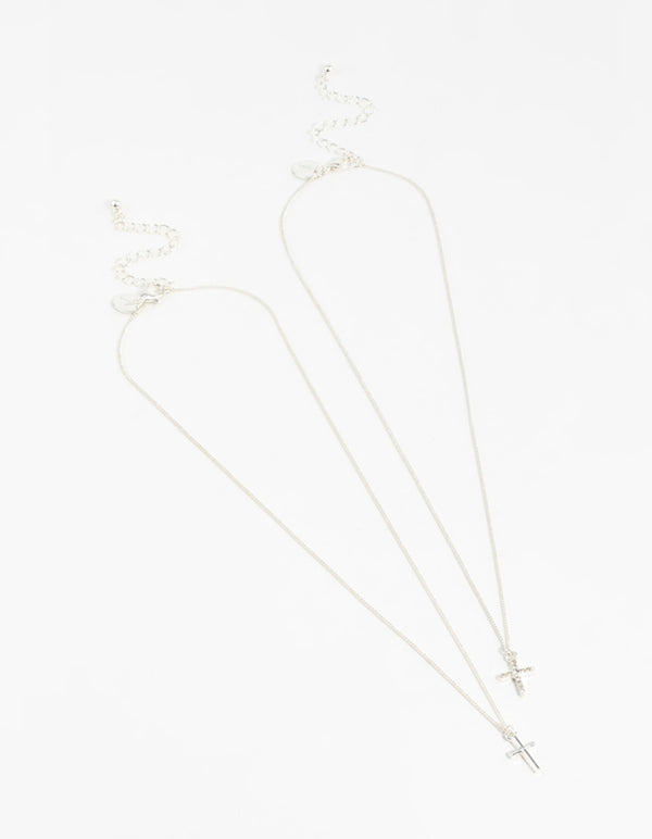 Silver Plain & Diamante Cross Pendant Necklaces 2-Pack