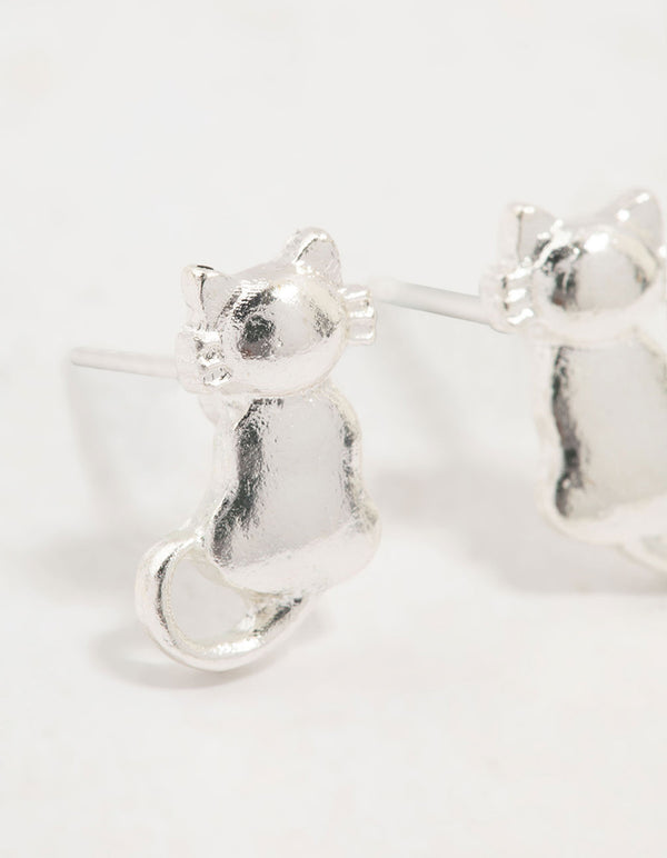 Silver Cat Stud Earrings