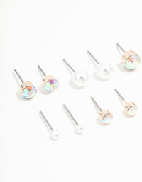 Rose Gold Round Pearl & Aurora Borealis Diamante Stud Earrings 8-Pack - link has visual effect only