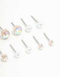 Rose Gold Round Pearl & Aurora Borealis Diamante Stud Earrings 8-Pack - link has visual effect only