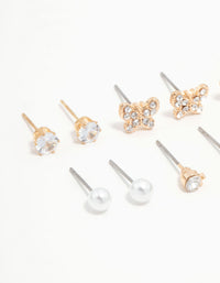 Gold Pearl, Diamante & Butterfly Stud Earrings 8-Pack - link has visual effect only