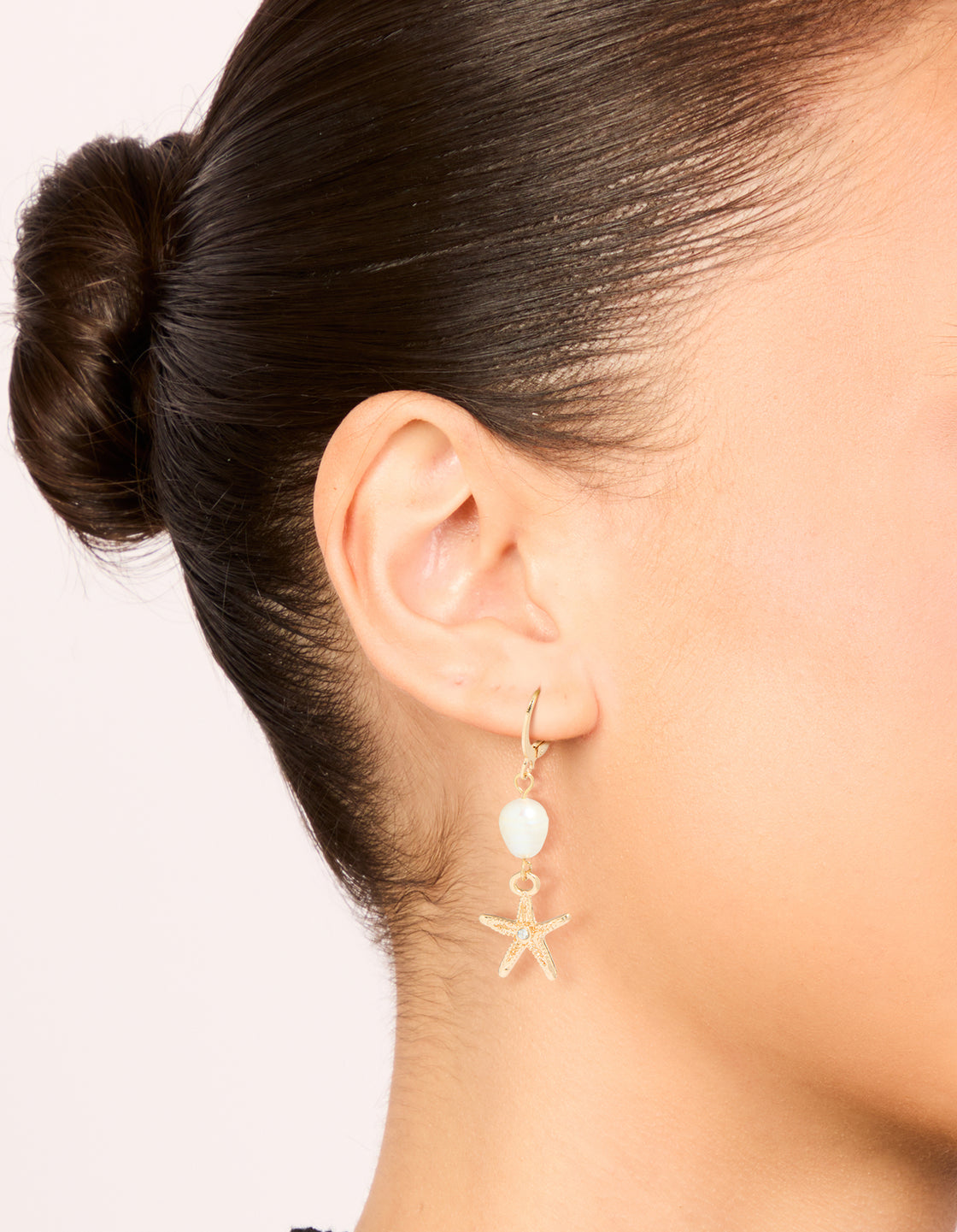 Gold Pearl Starfish Huggie Drop Earrings