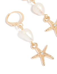Gold Pearl Starfish Huggie Drop Earrings - link has visual effect only