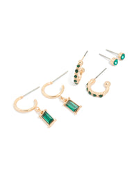 Gold Green Diamante Earrings 3-Pack - link has visual effect only