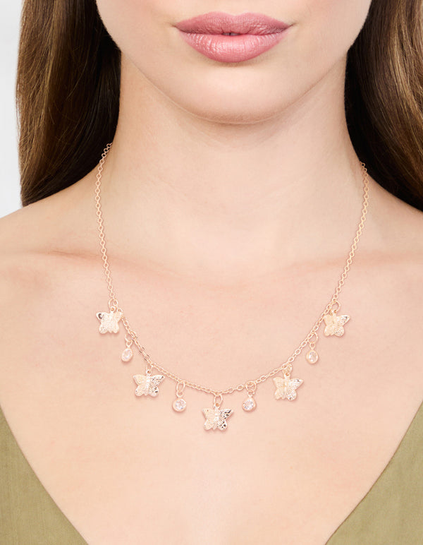 Gold Diamante Butterfly Drop Charm Necklace