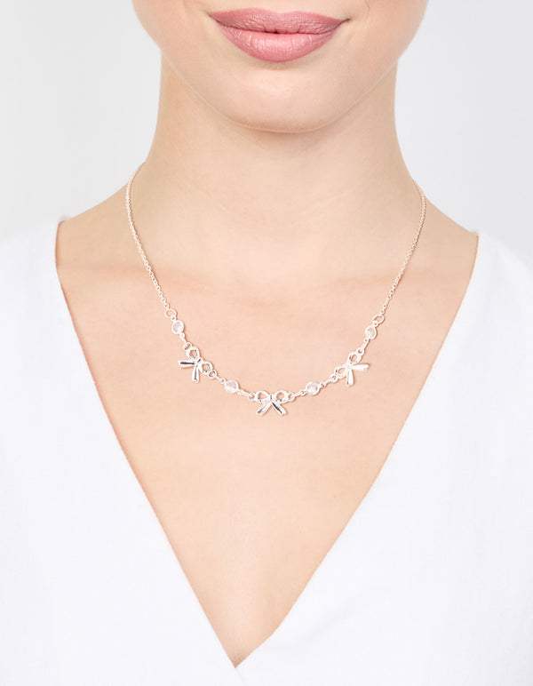 Silver Diamante Bow Station Necklace